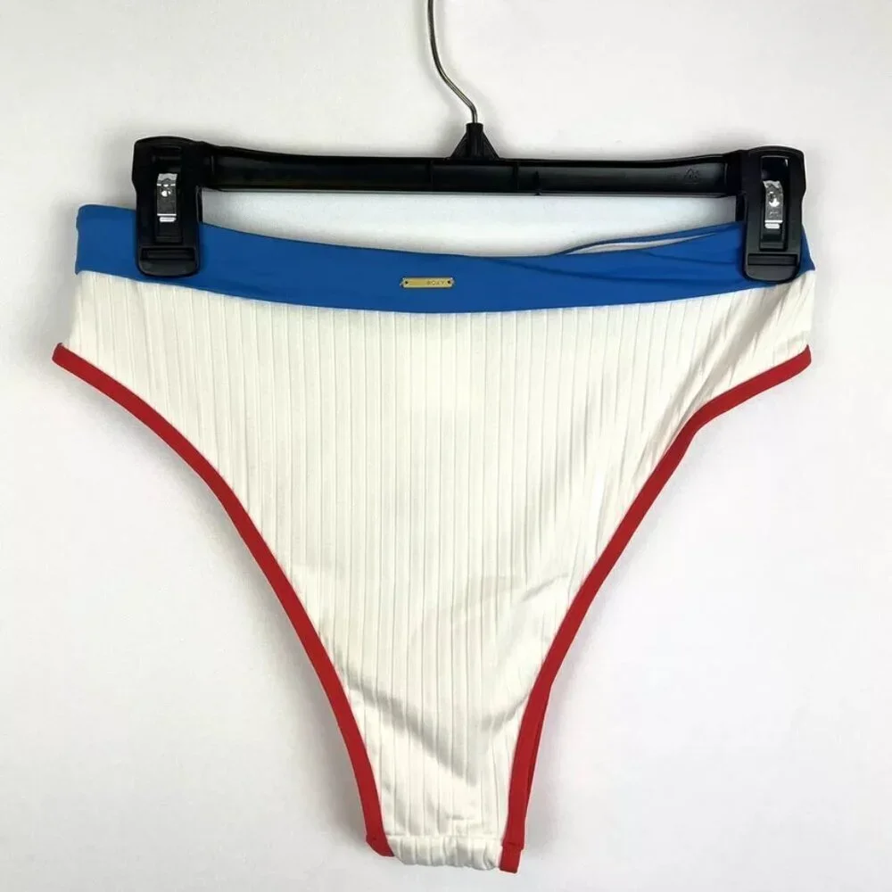 Roxy Women’s White/Blue High Leg Bikini Bottom Size Small